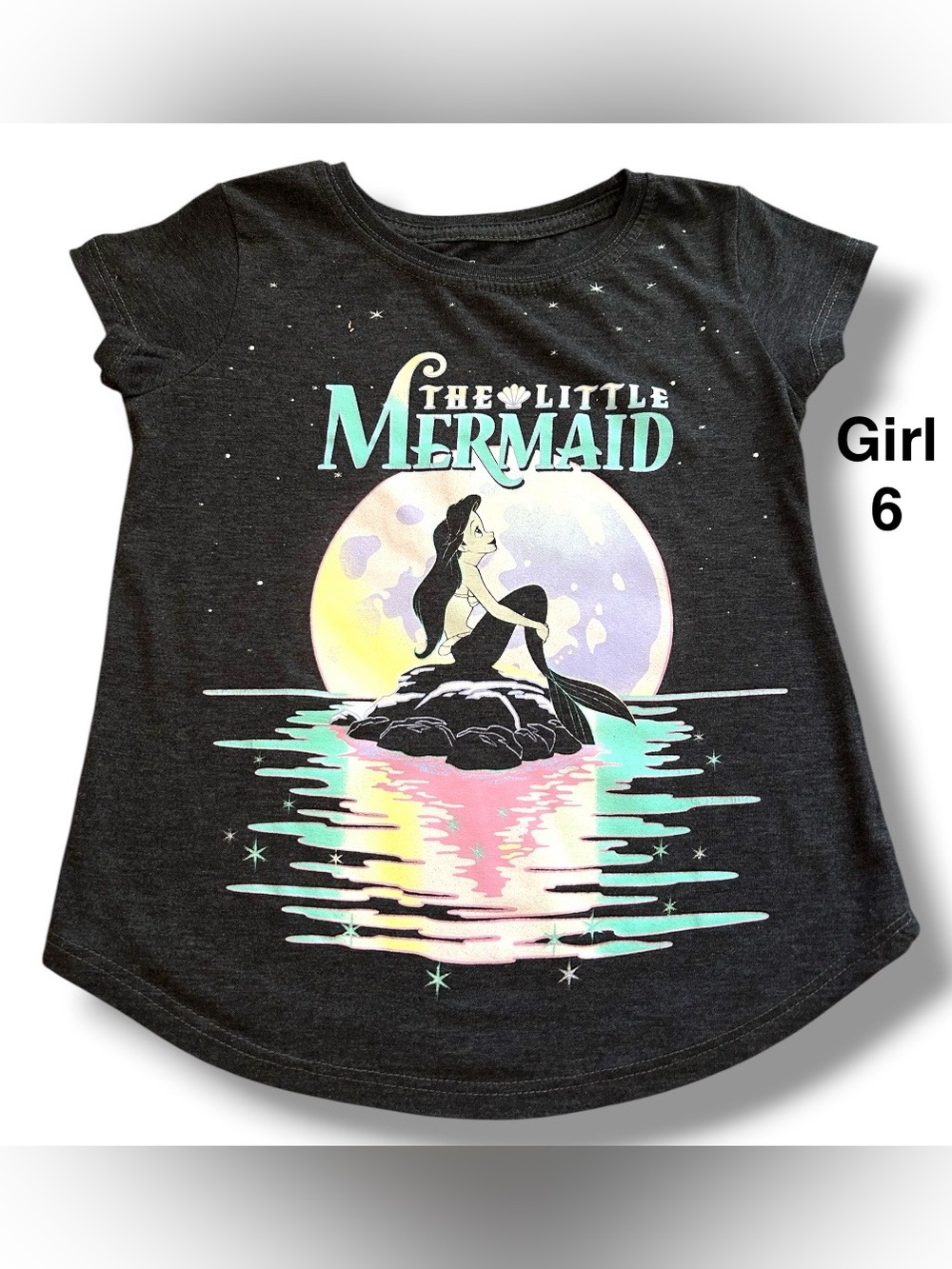 The Little Mermaid Girl Charcoal Short Sleeve Tee with Pastel Ocean Graphic 6-6X
